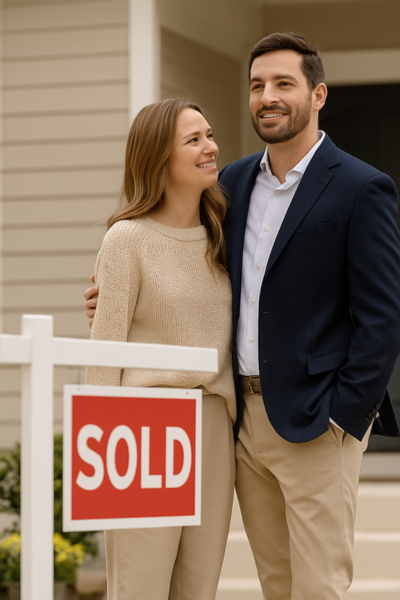 Couple standing by sold sign